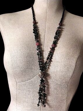 Vintage Multi-Strand Gemstone Chip Lariat Necklace | Beaded Tassel Focal Pendant